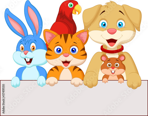 Cartoon pet animals holding blank paper
