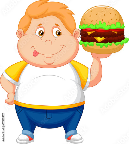 fat boy smiling and ready to eat a big hamburger