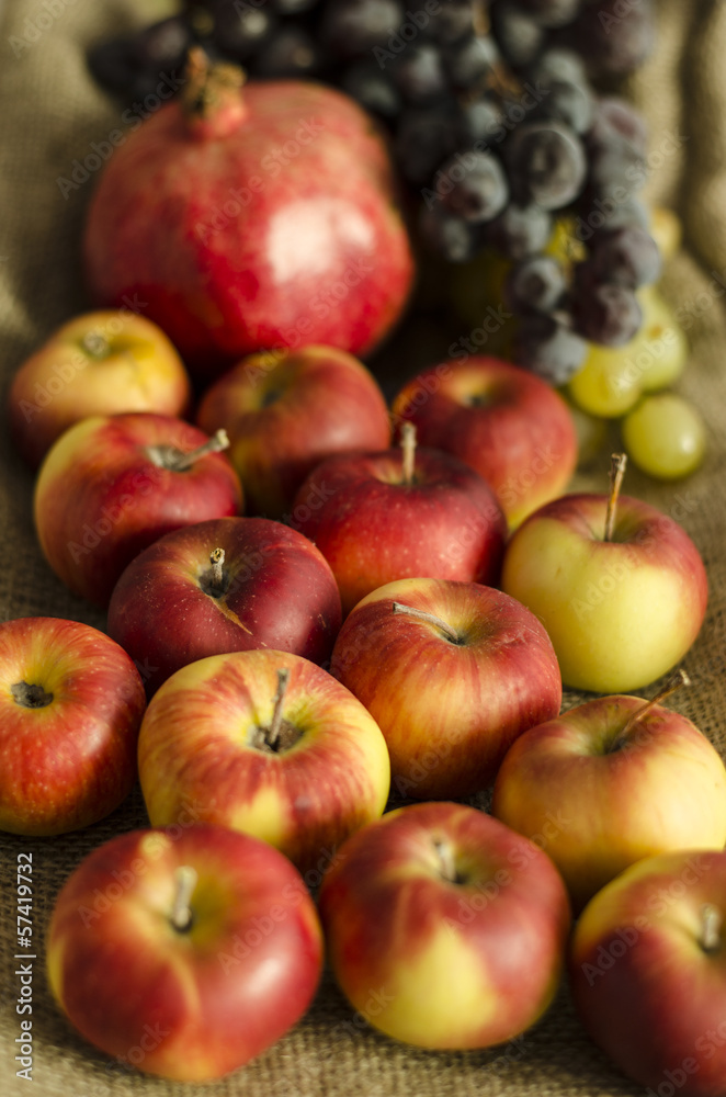 autumn grape, apple, pomegranate fruits on wool sack autumn grape, apple, pomegranate fruits on wool sack