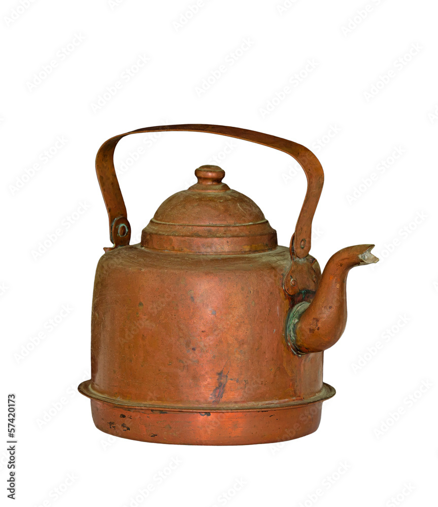 Old copper coffee pot isolated over white