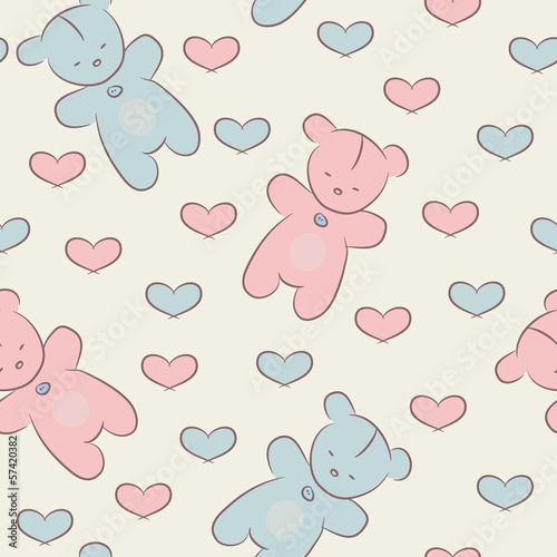 Seamless pattern with teddy bears and hearts.