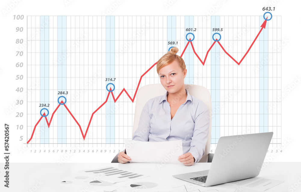 Young businesswoman calculating stock market with rising graph i Young businesswoman calculating stock market with rising graph i