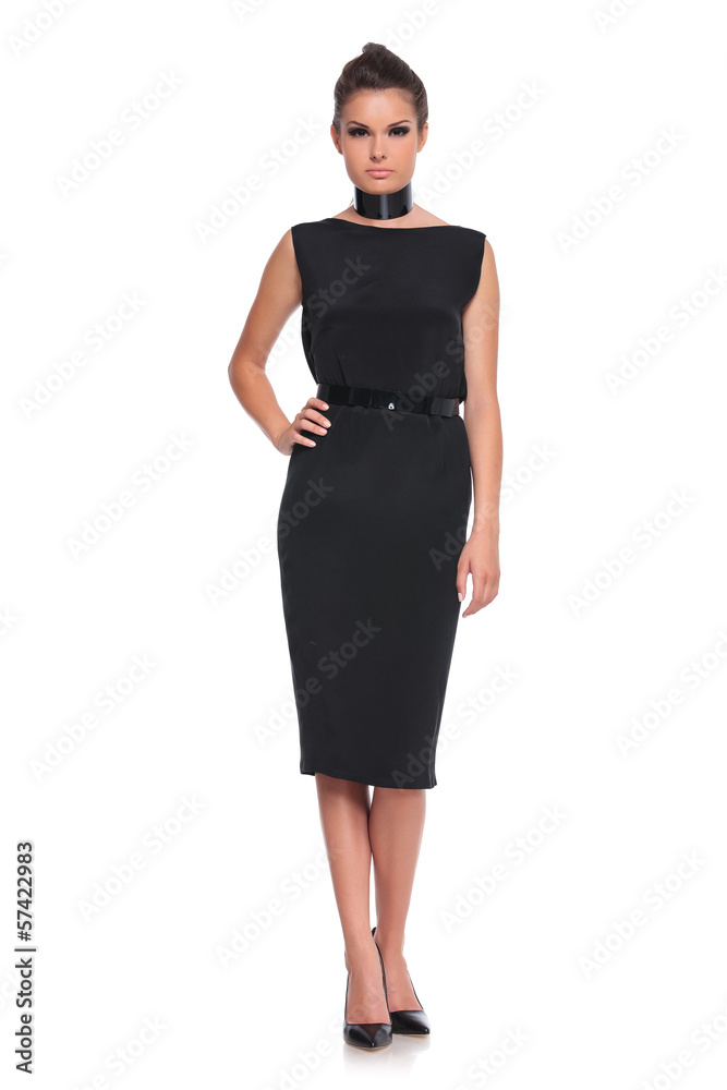 Fototapeta premium female fashion model in black dress and high heels shoes