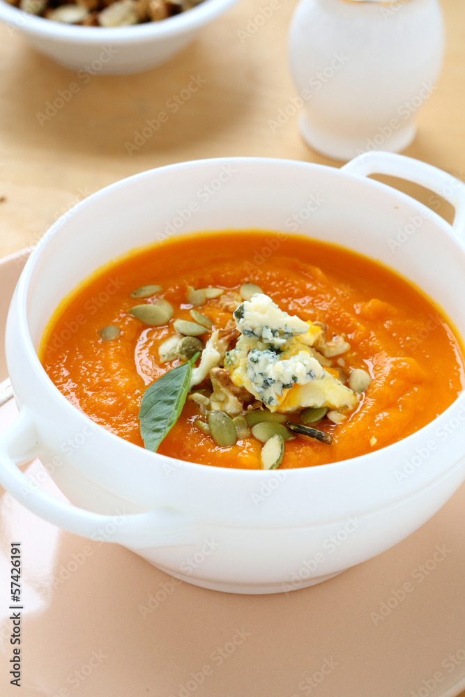 delicious soup with pumpkin and blue cheese