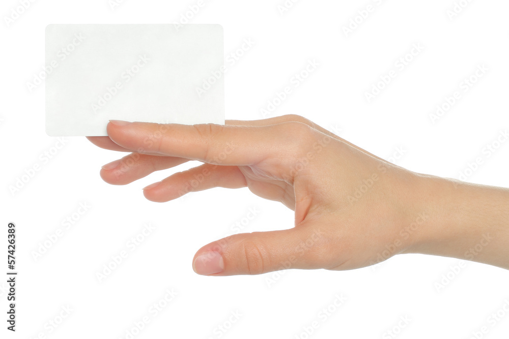 Hand holds business card on white background . Hand holds business card on white background .