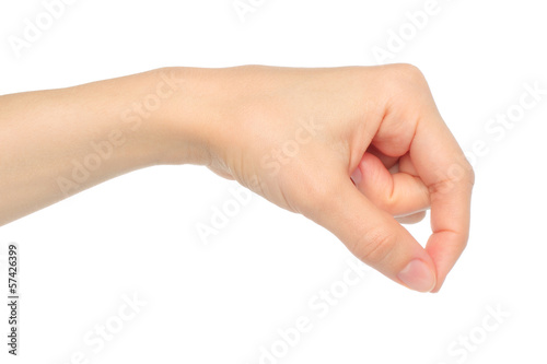 Woman hand on white background.