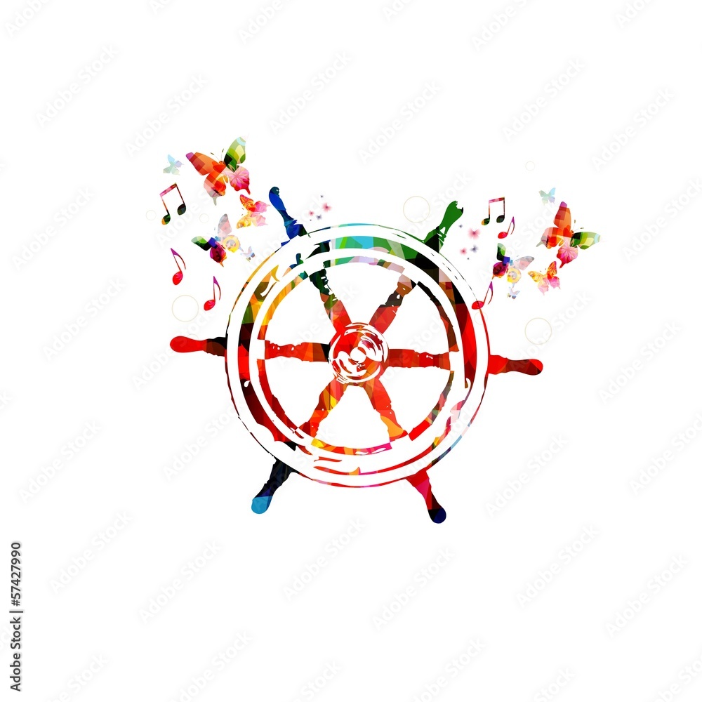 Obraz premium Colorful vector ship steering wheel background with butterflies