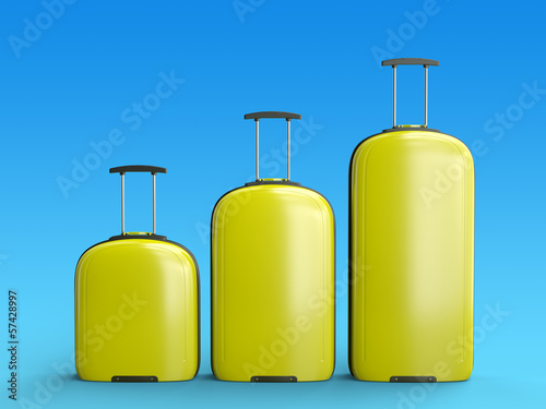Yellow suitcases, against blue background, 3D render.