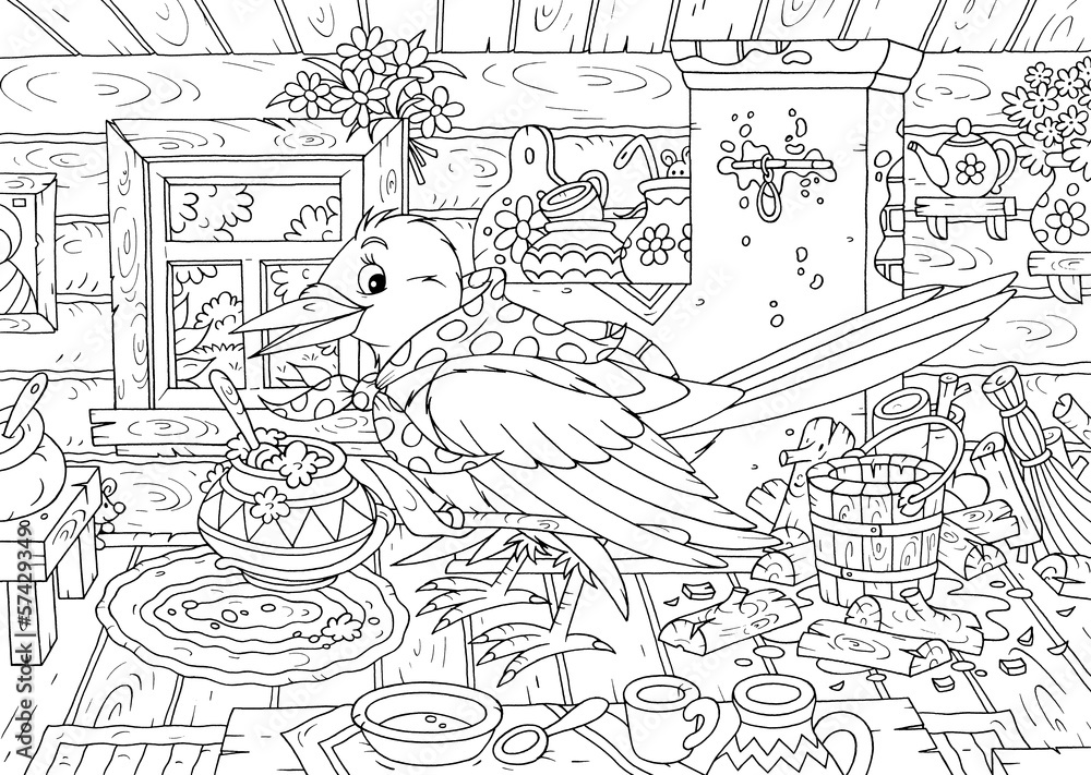 Fototapeta premium Magpie cooking porridge in her kitchen