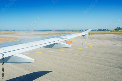 Airplane wing out of window