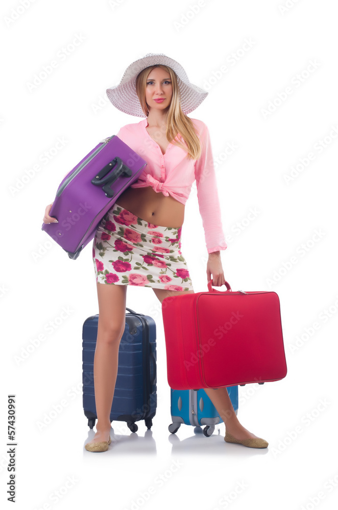Girl with suitcases isolated on white Girl with suitcases isolated on white