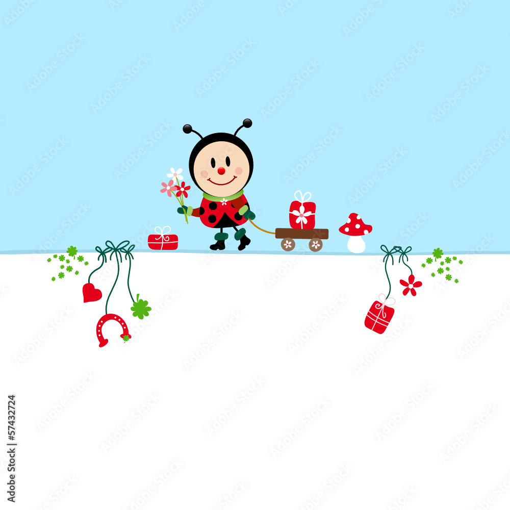 Birthday Card Ladybug Bouquet & Symbols Blue Birthday Card Ladybug Bouquet & Symbols Blue