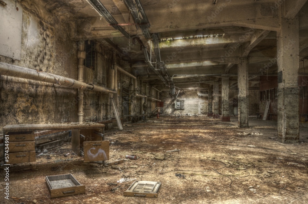 Old desk in an abandoned hall