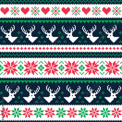 Scandynavian winter seamless pattern with deer and hearts