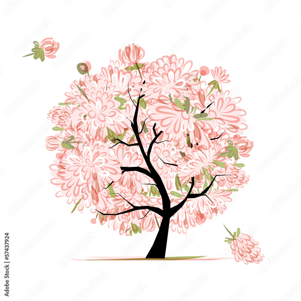 Pink floral tree, sketch for your design