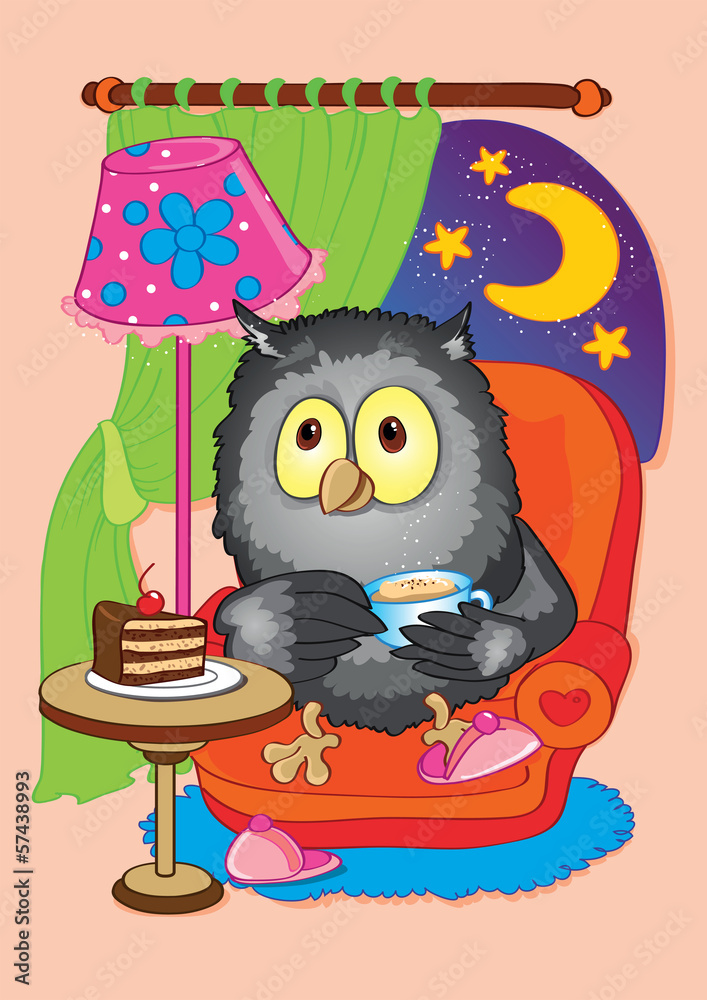 Fototapeta premium owl drinking coffee