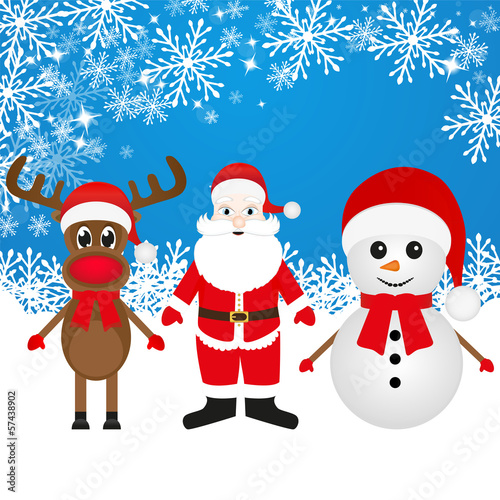 Christmas reindeer, snowman and Santa Claus in a forest