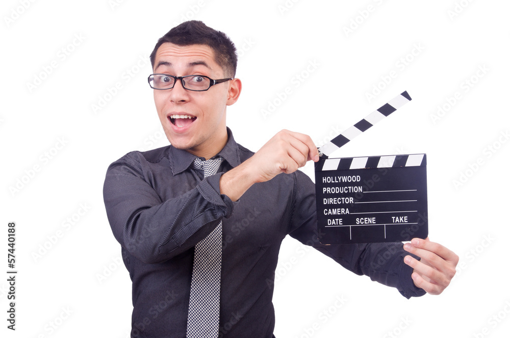 Funny man with movie clapper Funny man with movie clapper