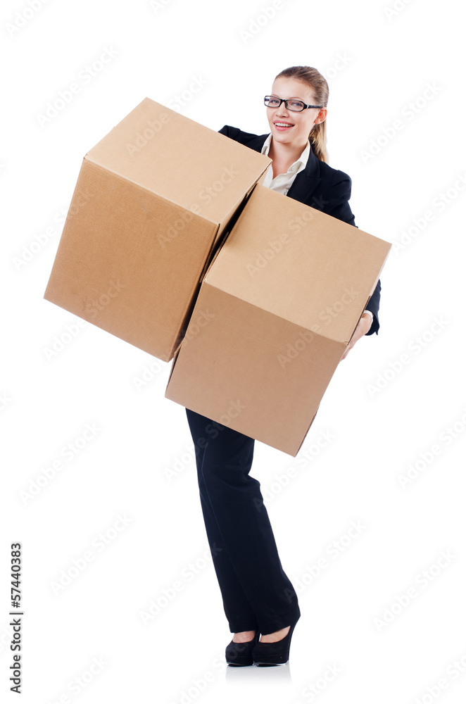 Businesswoman with boxes isolated on white Businesswoman with boxes isolated on white
