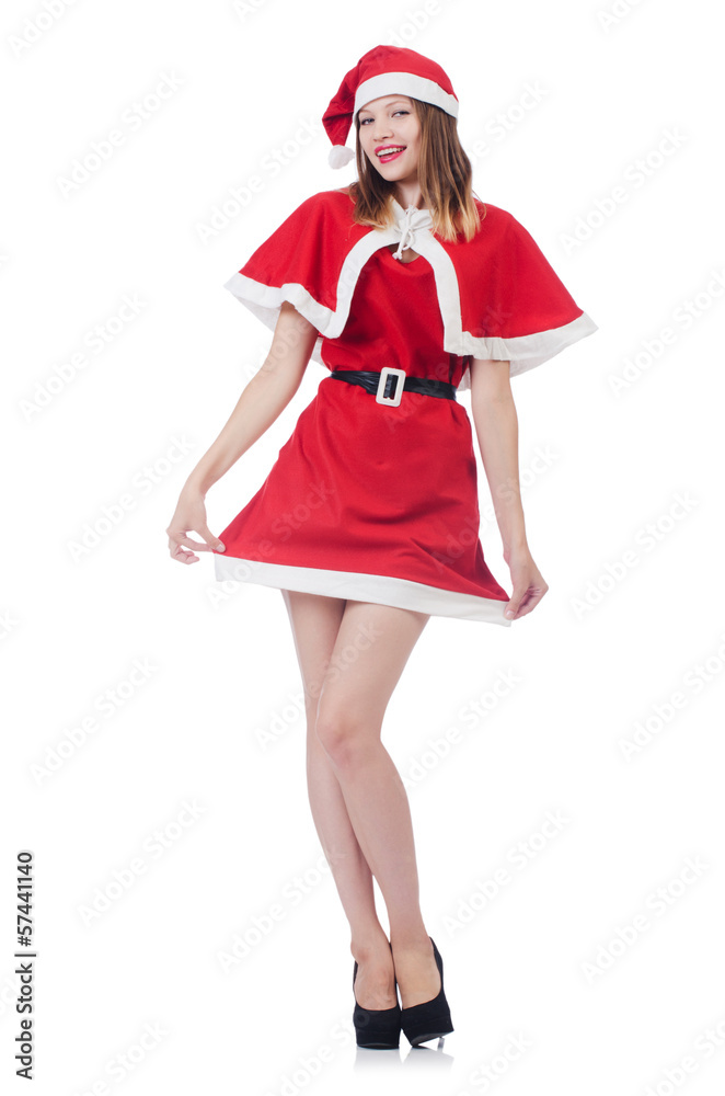 Young woman in red santa costume on white Young woman in red santa costume on white