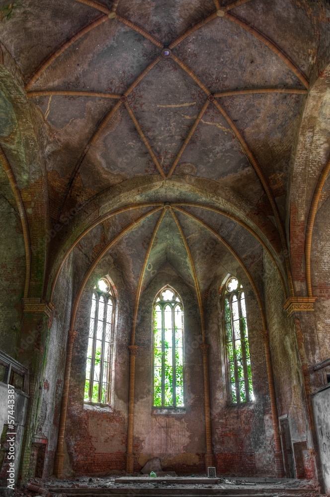Old abandoned and dilapidated church ceiling