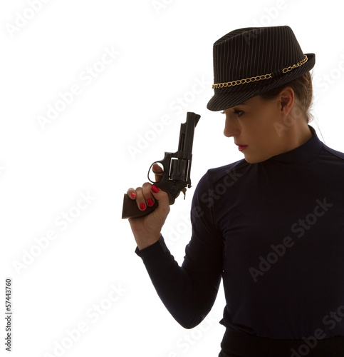 Dangerous woman in black with big handgun