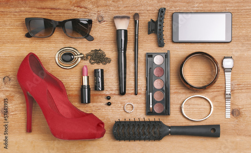 Canvas Print Overhead of essentials fashion woman objects.