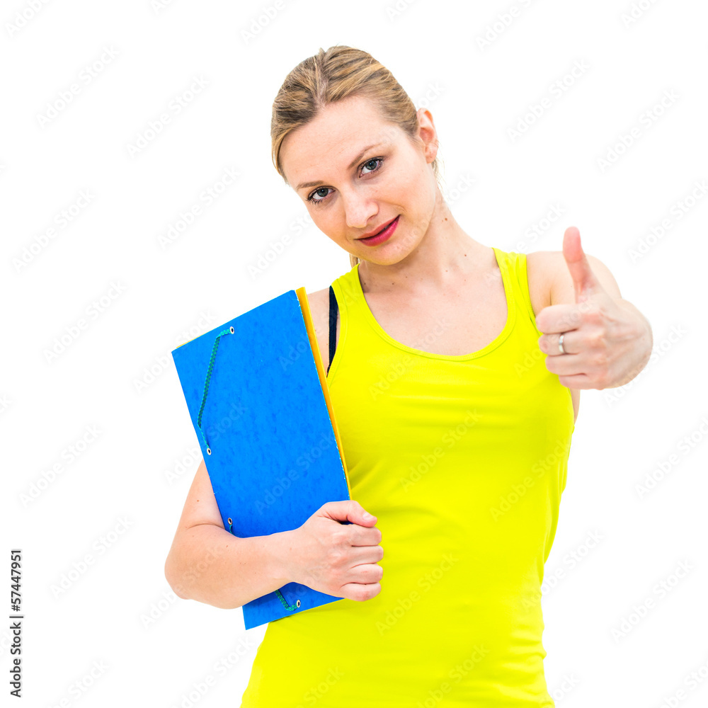 woman with thumbs up gesture and folder woman with thumbs up gesture and folder