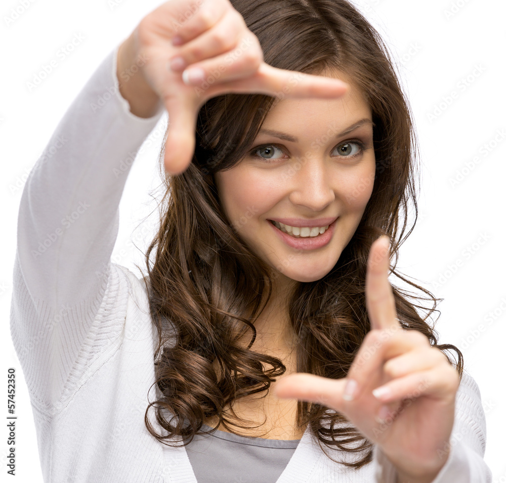 Woman frame gesturing, isolated on white Woman frame gesturing, isolated on white
