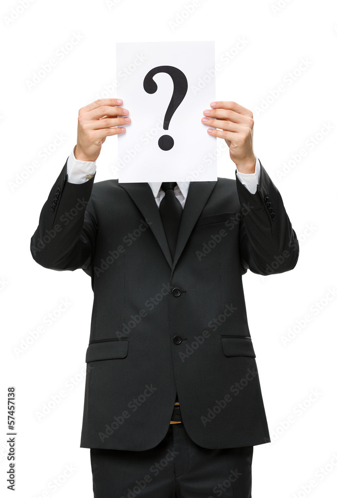 Half-length portrait of businessman handing question mark Half-length portrait of businessman handing question mark