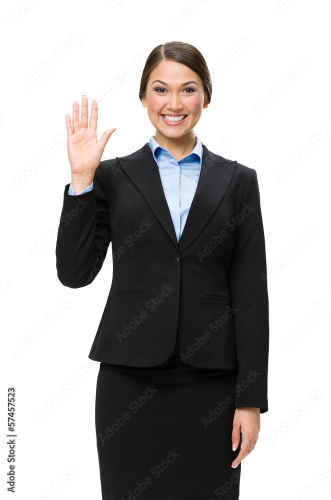 Half-length portrait of businesswoman waving hand Half-length portrait of businesswoman waving hand