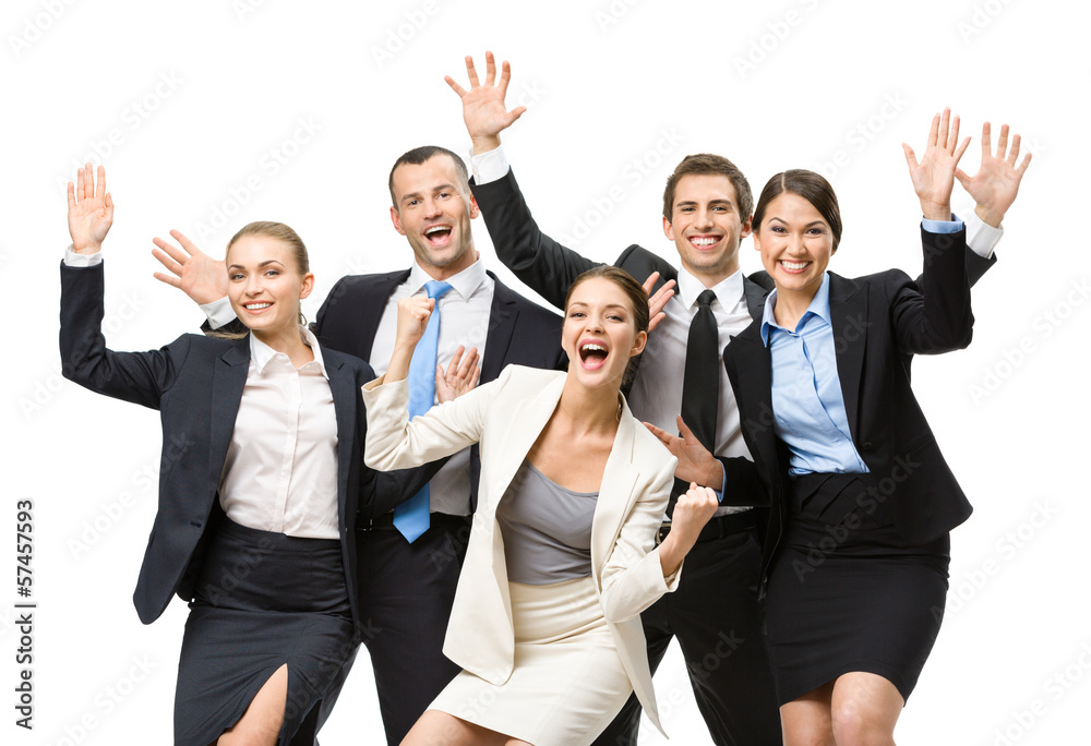 Group of happy managers with hands up, isolated Group of happy managers with hands up, isolated