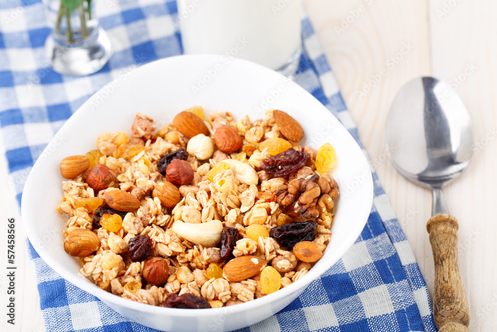 Healthy muesli breakfast with nuts and raisin Healthy muesli breakfast with nuts and raisin