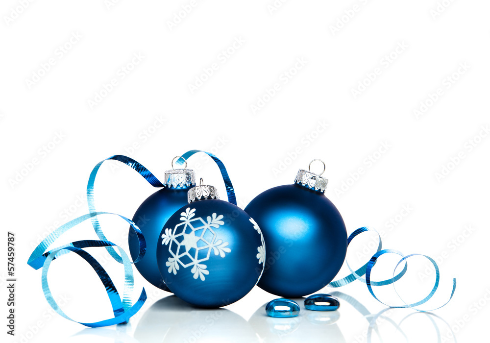 Christmas ornaments and ribbon with white copy space Christmas ornaments and ribbon with white copy space