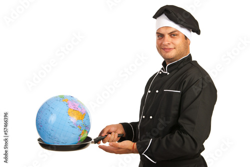 Chef male with world globe into pan
