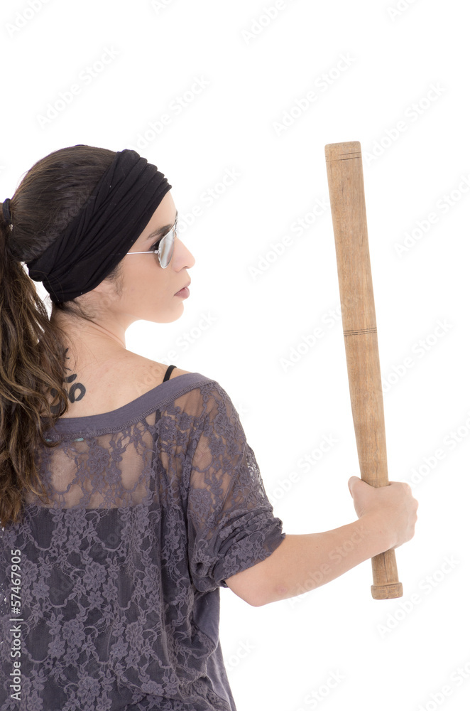 Woman hispanic criminal with bat on white Woman hispanic criminal with bat on white