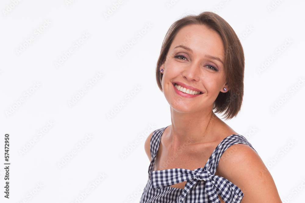 Beautiful woman in summer dress with gingham isolated on white Beautiful woman in summer dress with gingham isolated on white