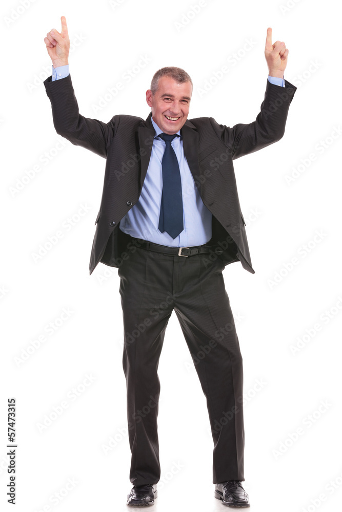 business man pointing up with both hands business man pointing up with both hands