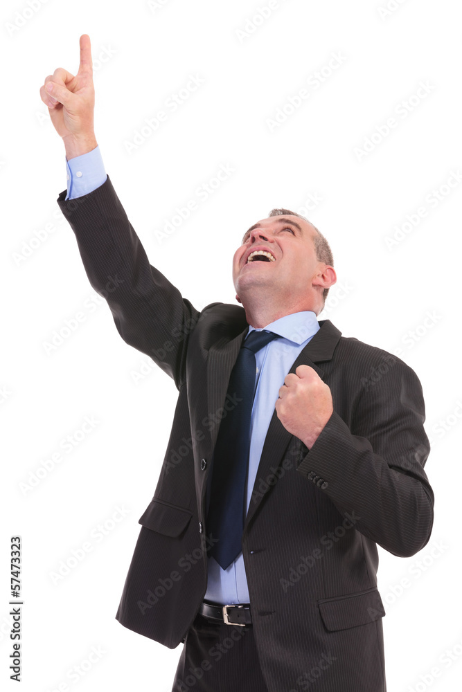 business man cheers and points up business man cheers and points up