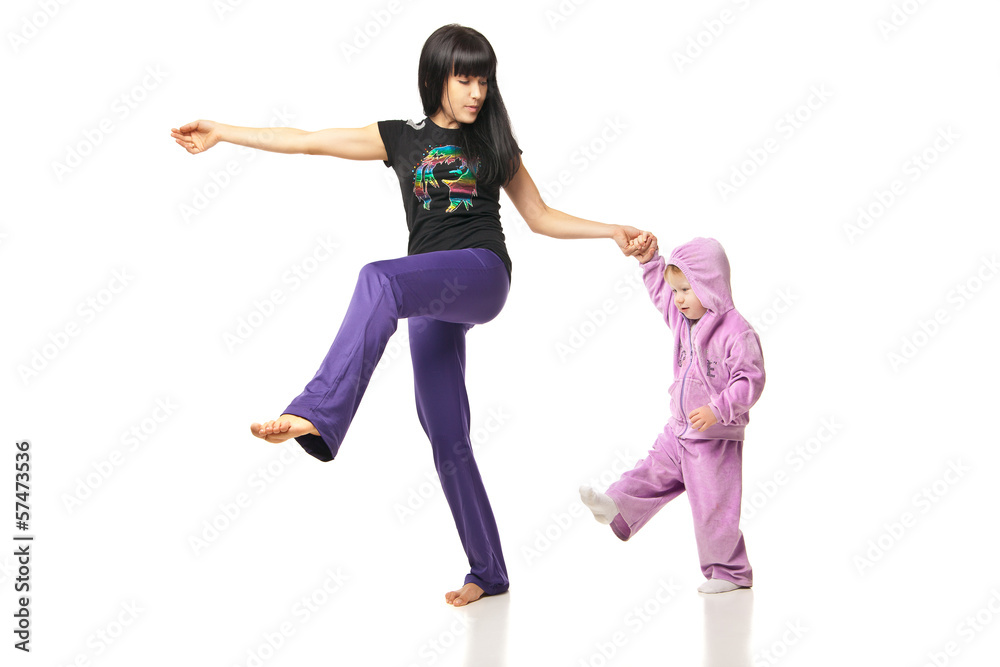 Mother with the baby doing exercises over white Mother with the baby doing exercises over white