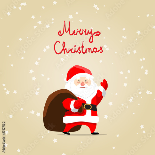 merry christmas card with santa claus and bag
