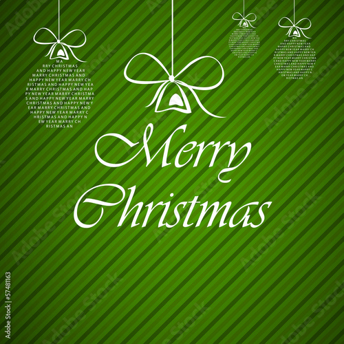 oblique green striped christmas card with typographic balls