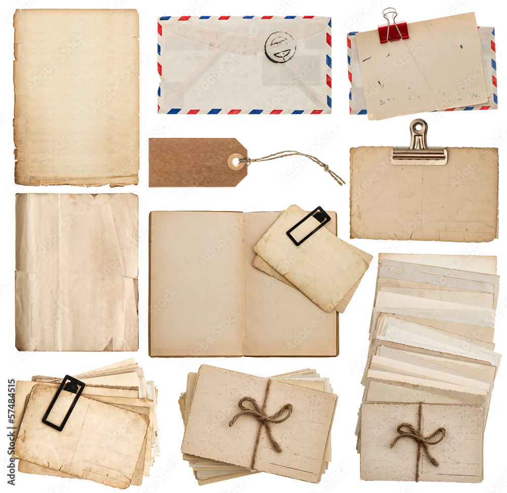 set of old paper sheets, book, envelope, postcards, tags