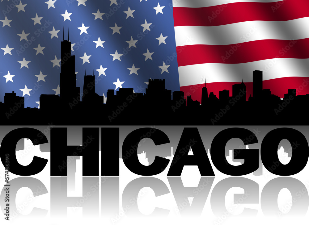 Chicago skyline text rippled American flag illustration