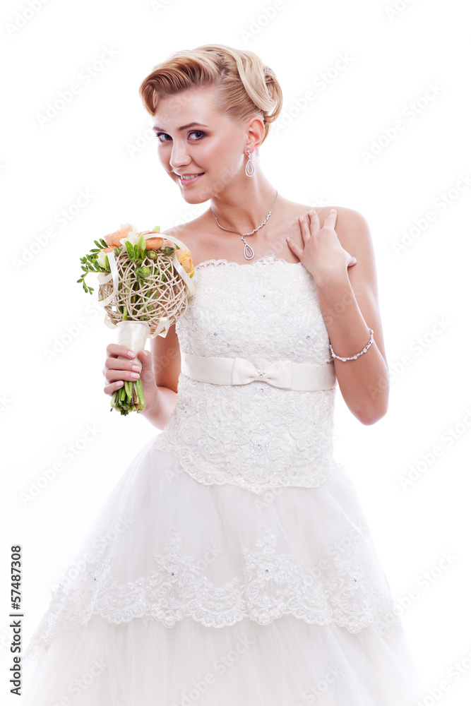Beautiful bride with wedding bouquet isolated on white. Beautiful bride with wedding bouquet isolated on white.