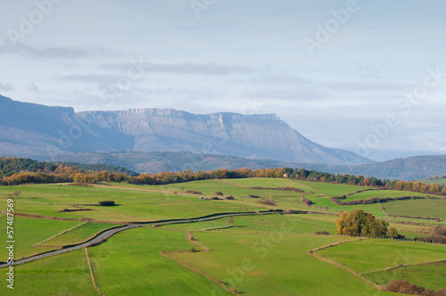green pastures and mountains on a spring morning photo