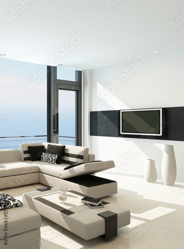 Modern white living room interior with splendid seascape view