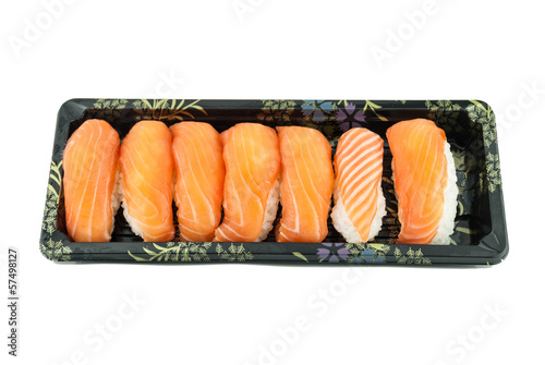 Japanese food (salmon sushi) isolated on white background