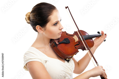 Fotografi Beautiful young woman playing violin over white