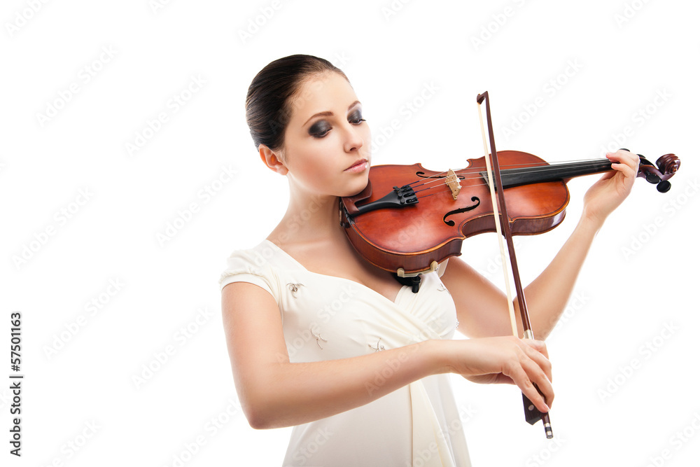 Beautiful young woman playing violin over white Beautiful young woman playing violin over white